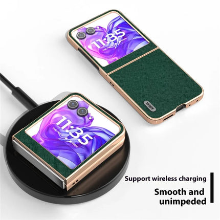 ABEEL For Motorola Razr 50 5G Case Electroplating Phone Cover Cross Texture Genuine Cow Leather+TPU Protective Case