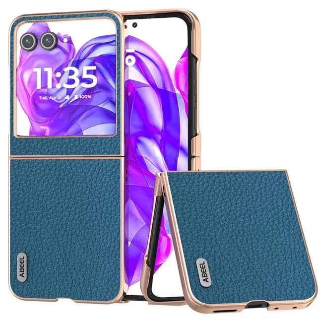ABEEL For Motorola Razr 50 5G Case Electroplating Phone Cover Star Series Genuine Cow Leather+TPU Protective Case - Blue