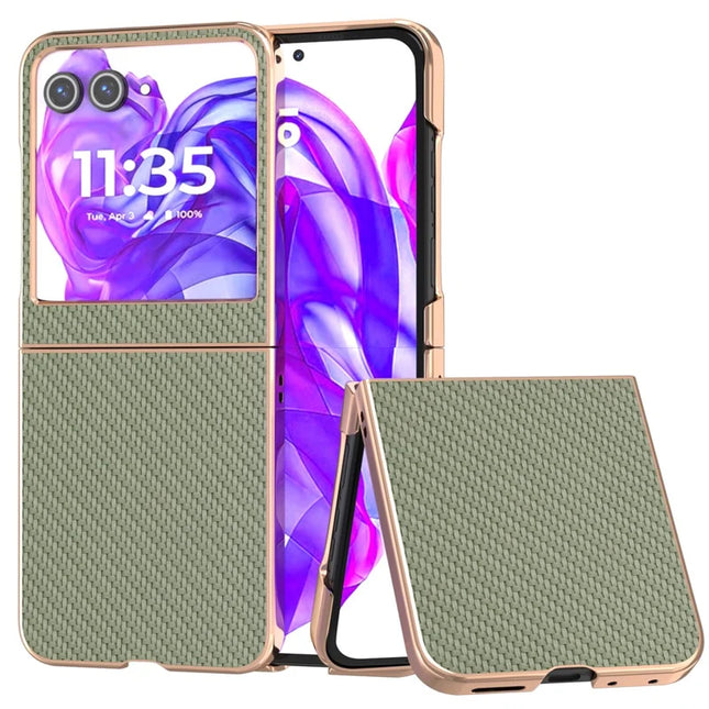 For Motorola Razr 50 5G Case Electroplating Phone Cover Carbon Fiber Texture PU+TPU Protective Case - Green