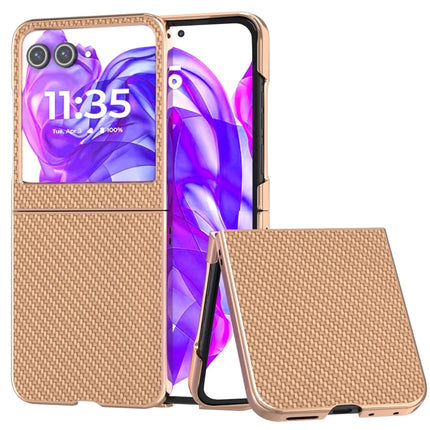 For Motorola Razr 50 5G Case Electroplating Phone Cover Carbon Fiber Texture PU+TPU Protective Case - Beige
