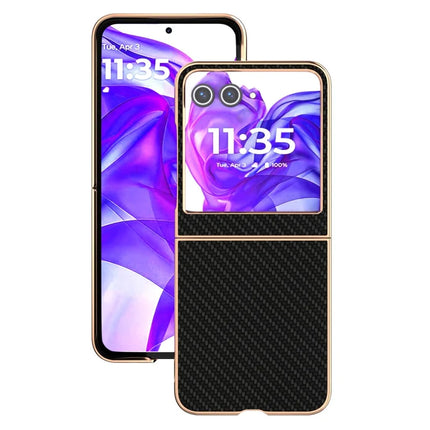 For Motorola Razr 50 5G Case Electroplating Phone Cover Carbon Fiber Texture PU+TPU Protective Case
