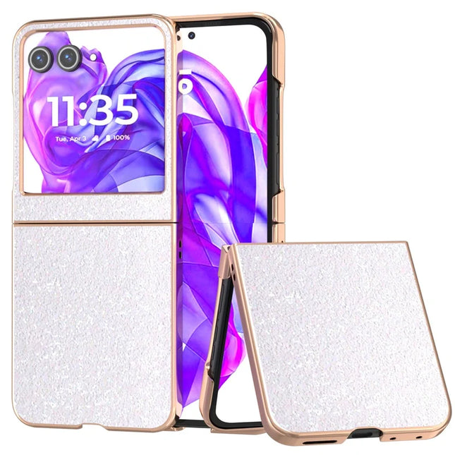 For Motorola Razr 50 5G Case Electroplating Phone Cover Colored Glitter Design PU+TPU Protective Case - Gardenia White