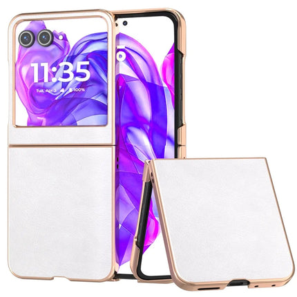 For Motorola Razr 50 5G Case Electroplating Phone Cover PU Leather+TPU Litchi Texture Case - White
