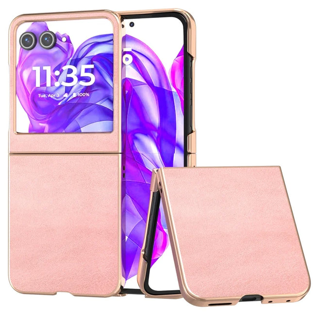 For Motorola Razr 50 5G Case Electroplating Phone Cover Cowhide Texture PU+TPU Protective Case - Pink