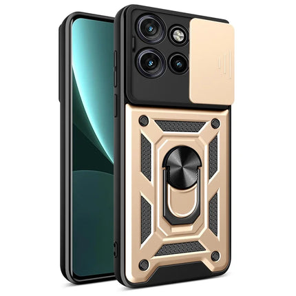 For Motorola Edge 50 Neo 5G / Moto S50 5G / Thinkphone 25 5G Case with Slide Camera Lid PC+TPU Kickstand Phone Cover - Gold