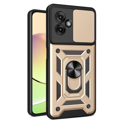 For Motorola Moto G55 5G Case with Slide Camera Lid PC+TPU Kickstand Phone Cover - Gold