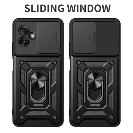 For Motorola Moto G55 5G Case with Slide Camera Lid PC+TPU Kickstand Phone Cover