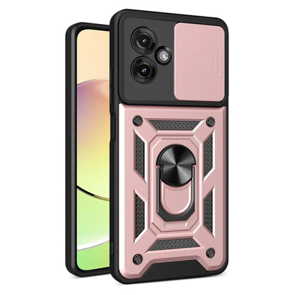 For Motorola Moto G55 5G Case with Slide Camera Lid PC+TPU Kickstand Phone Cover - Rose Gold