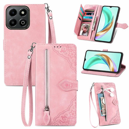 For Honor X6b 4G Zipper Wallet Case Flower Imprint PU Leather Phone Cover with Strap - Pink