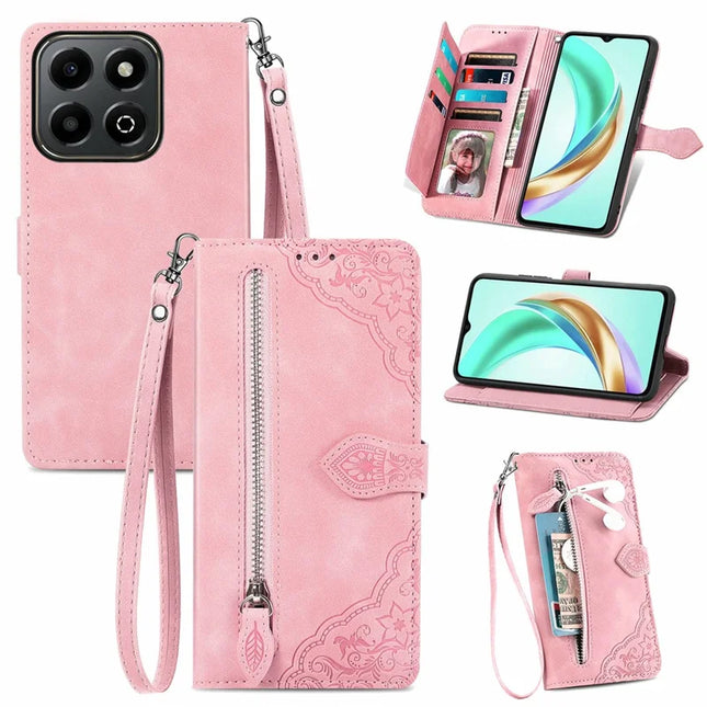For Honor X6b 4G Zipper Wallet Case Flower Imprint PU Leather Phone Cover with Strap - Pink