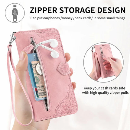 For Honor X6b 4G Zipper Wallet Case Flower Imprint PU Leather Phone Cover with Strap