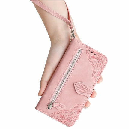 For Honor X6b 4G Zipper Wallet Case Flower Imprint PU Leather Phone Cover with Strap