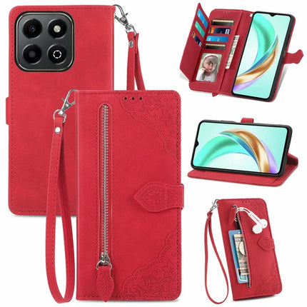 For Honor X6b 4G Zipper Wallet Case Flower Imprint PU Leather Phone Cover with Strap - Red