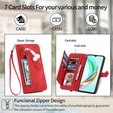 For Honor X6b 4G Zipper Wallet Case Flower Imprint PU Leather Phone Cover with Strap