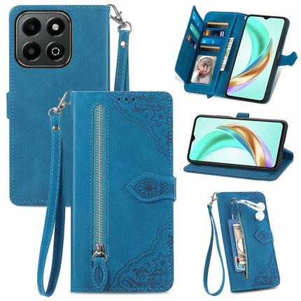 For Honor X6b 4G Zipper Wallet Case Flower Imprint PU Leather Phone Cover with Strap - Blue