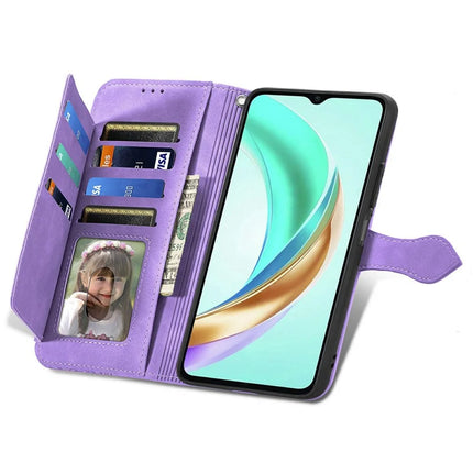 For Honor X6b 4G Zipper Wallet Case Flower Imprint PU Leather Phone Cover with Strap