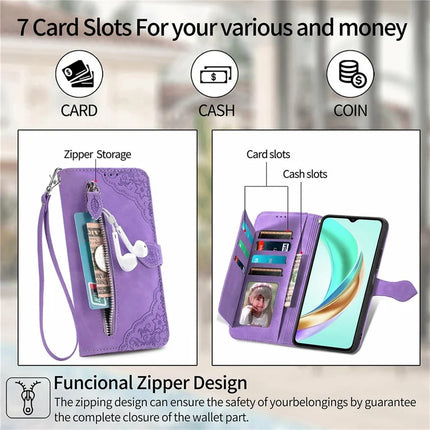 For Honor X6b 4G Zipper Wallet Case Flower Imprint PU Leather Phone Cover with Strap