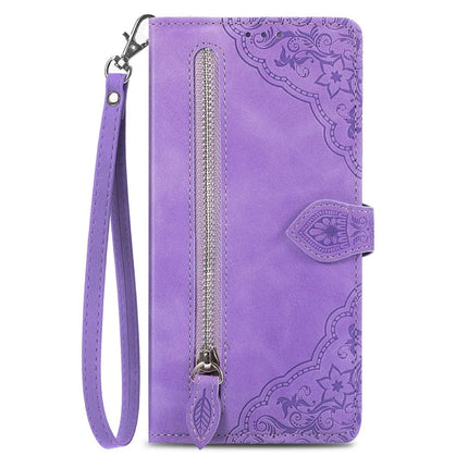 For Honor X6b 4G Zipper Wallet Case Flower Imprint PU Leather Phone Cover with Strap