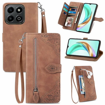 For Honor X6b 4G Zipper Wallet Case Flower Imprint PU Leather Phone Cover with Strap - Brown