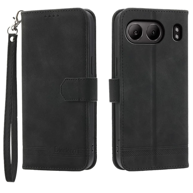 DIERFENG DF-03 For OnePlus Nord 4 Leather Case Lines Imprint Wallet Phone Cover - Black