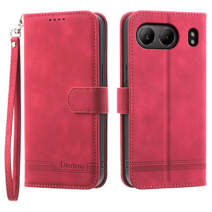 DIERFENG DF-03 For OnePlus Nord 4 Leather Case Lines Imprint Wallet Phone Cover - Red
