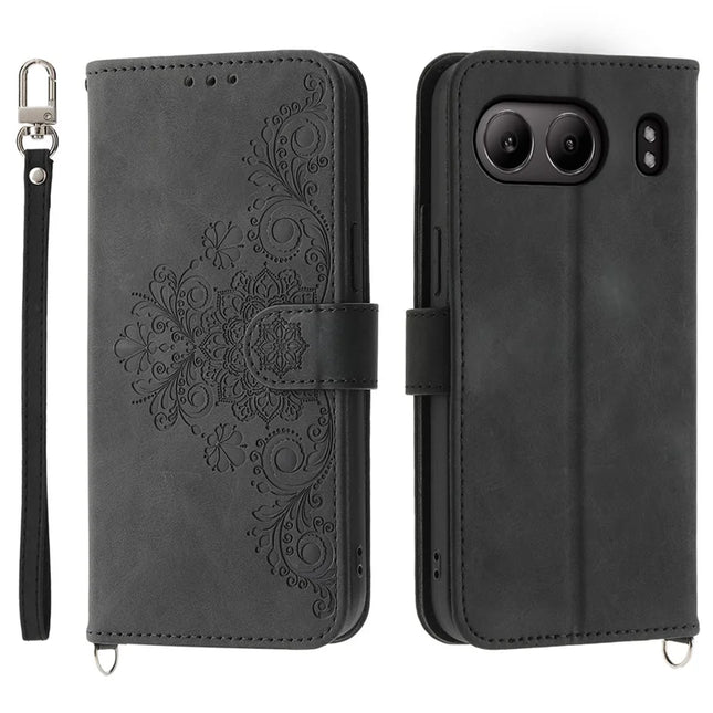 For OnePlus Nord 4 Case Flower Pattern PU Leather Wallet Phone Cover with Strap - Black