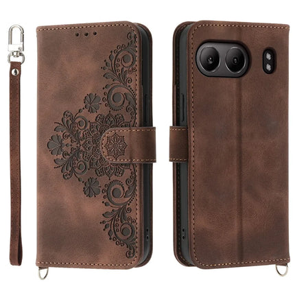 For OnePlus Nord 4 Case Flower Pattern PU Leather Wallet Phone Cover with Strap - Brown