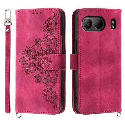 For OnePlus Nord 4 Case Flower Pattern PU Leather Wallet Phone Cover with Strap - Wine Red
