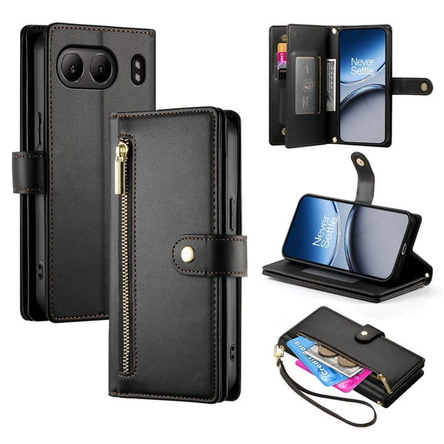 DF-011 For OnePlus Nord 4 Case Zipper Pocket Wallet Leather Phone Cover with Straps - Black