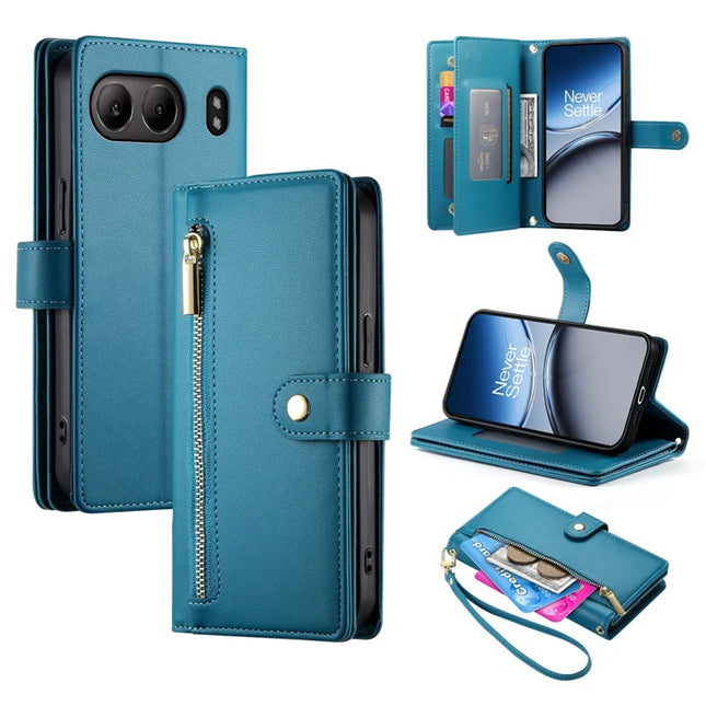 DF-011 For OnePlus Nord 4 Case Zipper Pocket Wallet Leather Phone Cover with Straps - Blue