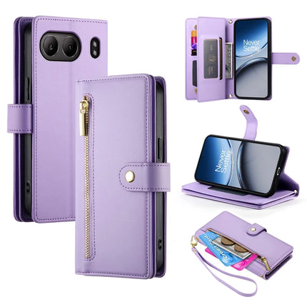 DF-011 For OnePlus Nord 4 Case Zipper Pocket Wallet Leather Phone Cover with Straps - Purple