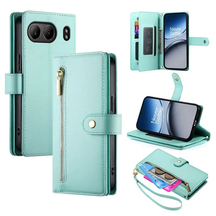 DF-011 For OnePlus Nord 4 Case Zipper Pocket Wallet Leather Phone Cover with Straps - Mint Green