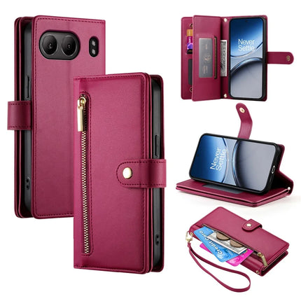 DF-011 For OnePlus Nord 4 Case Zipper Pocket Wallet Leather Phone Cover with Straps - Red