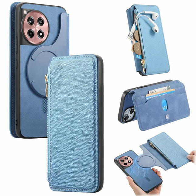 CASENEO For OnePlus Ace 3 5G / 12R 5G Case Cross Texture Leather Detachable Magnetic Phone Cover - Blue