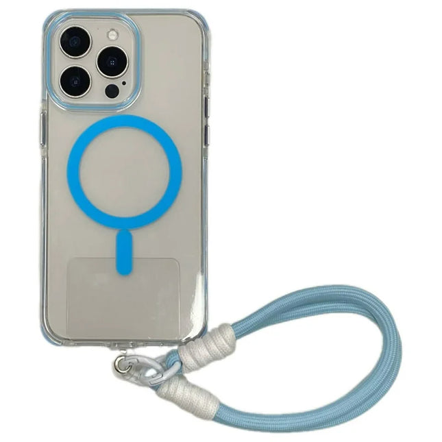 For iPhone 16 Pro Max Case Compatible with MagSafe PC+TPU Clear Anti-Drop Phone Cover with Wrist Strap - Sky Blue