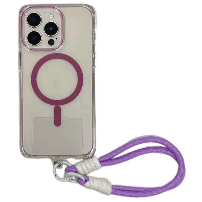 For iPhone 16 Pro Max Case Compatible with MagSafe PC+TPU Clear Anti-Drop Phone Cover with Wrist Strap - Purple