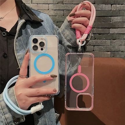 For iPhone 16 Pro Max Case Compatible with MagSafe PC+TPU Clear Anti-Drop Phone Cover with Wrist Strap