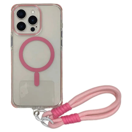 For iPhone 16 Pro Max Case Compatible with MagSafe PC+TPU Clear Anti-Drop Phone Cover with Wrist Strap - Pink