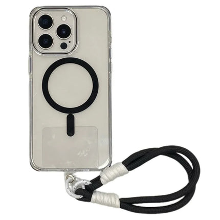 For iPhone 16 Pro Max Case Compatible with MagSafe PC+TPU Clear Anti-Drop Phone Cover with Wrist Strap - Black