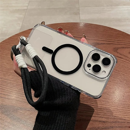 For iPhone 16 Pro Max Case Compatible with MagSafe PC+TPU Clear Anti-Drop Phone Cover with Wrist Strap