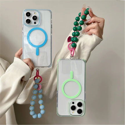 For iPhone 16 Pro Max Case Compatible with MagSafe PC+TPU Clear Anti-Drop Phone Cover with Wrist Chain