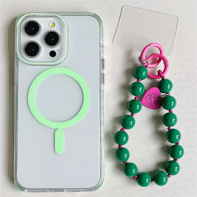 For iPhone 16 Pro Max Case Compatible with MagSafe PC+TPU Clear Anti-Drop Phone Cover with Wrist Chain - Green
