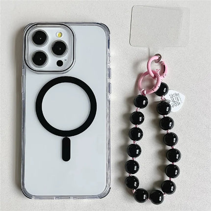 For iPhone 16 Pro Max Case Compatible with MagSafe PC+TPU Clear Anti-Drop Phone Cover with Wrist Chain - Black