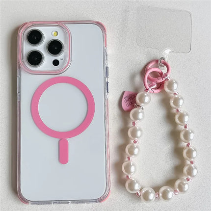 For iPhone 16 Pro Max Case Compatible with MagSafe PC+TPU Clear Anti-Drop Phone Cover with Wrist Chain - Pink