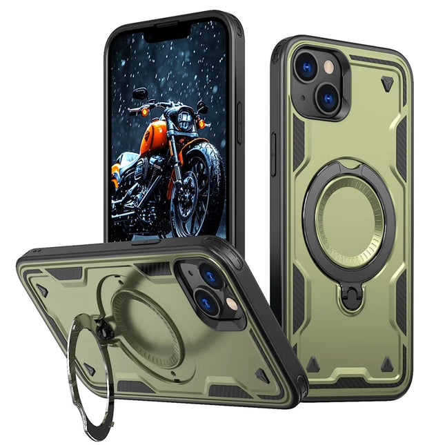 For iPhone 14 / 13 Case Compatible with MagSafe Military Protection PC+TPU Kickstand Phone Cover - Olive Green
