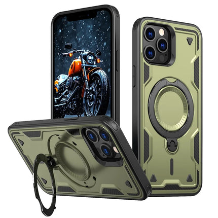 For iPhone 13 Pro Max / 12 Pro Max Case Compatible with MagSafe Military Protection PC+TPU Kickstand Phone Cover - Olive Green