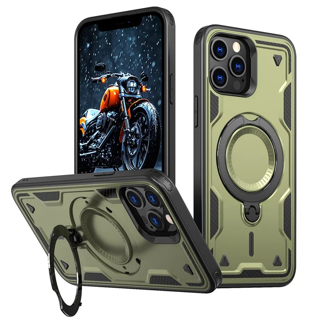 For iPhone 13 Pro Max / 12 Pro Max Case Compatible with MagSafe Military Protection PC+TPU Kickstand Phone Cover - Olive Green