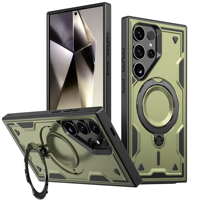 For Samsung Galaxy S23 Ultra / S22 Ultra 5G Case Compatible with MagSafe Military Protection PC+TPU Kickstand Phone Cover - Olive Green