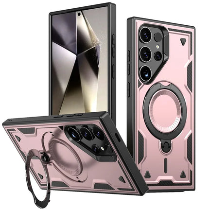 For Samsung Galaxy S23 Ultra / S22 Ultra 5G Case Compatible with MagSafe Military Protection PC+TPU Kickstand Phone Cover - Rose Gold