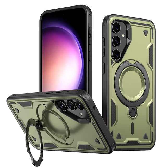 For Samsung Galaxy S23 FE Case Compatible with MagSafe Military Protection PC+TPU Kickstand Phone Cover - Olive Green